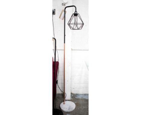 INDUSTRIAL DESIGN STANDARD LAMP, the copper tubular stem on white marble base with copper geometric shade, 155cm H.
