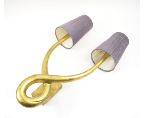 PORTA ROMANA ORGANIC LOOP WALL LIGHT, in a gold finish with purple linen shades, 48cm H. (RRP £921)