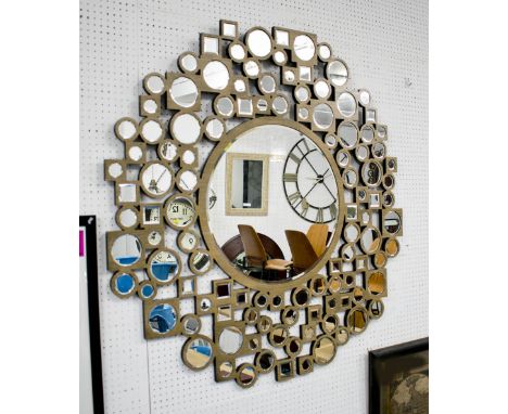MIRROR, circular bevelled with square and circular mirrors on a wooden surround retro style, 119cm x 115cm. 