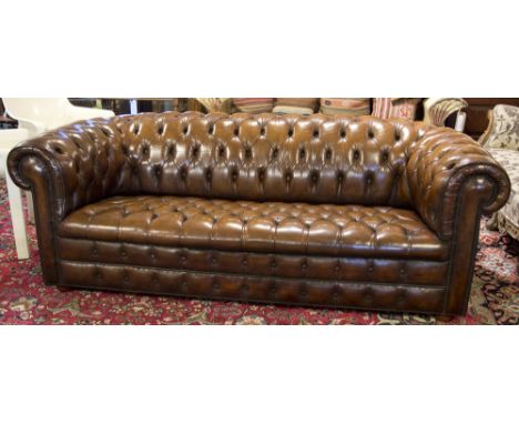 CHESTERFIELD SOFA, vintage deep buttoned upholstered leaf brown leather with rounded back and arms, 210cm W.  