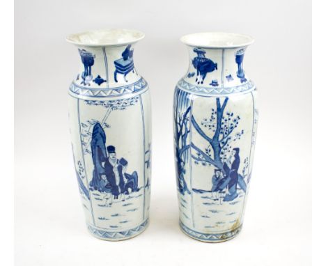 CHINESE VASES, a pair, blue/white ceramic, decorated figure scenes in panels, 39cm H. (2)