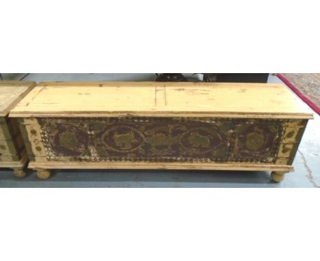 TRUNK, wooden in distressed painted finish on turned supports, 146cm x 40cm x 46cm H.