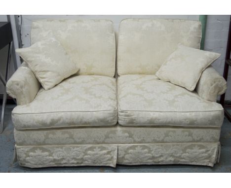 SOFA, two seater, in ivory damask, with loose cushions, 156cm W (slight marks)