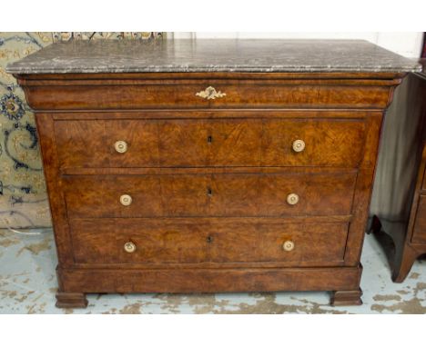 COMMODE, 19th century French Louis Philippe burr elm with five long drawers including plinth drawer and St Anne's variegated 