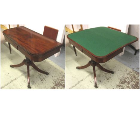 CARD TABLE,  'D' shaped Regency mahogany rosewood crossbanded and ebonised strung on a turned column and quadraform supports,