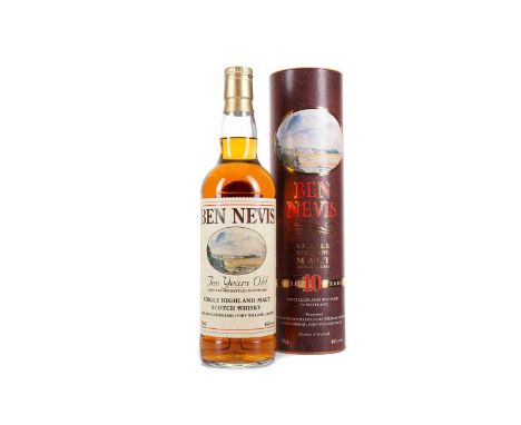 BEN NEVIS 10 YEAR OLDSingle malt.Ben Nevis distillery, located at the foot of the UK’s highest mountain of the same name, was