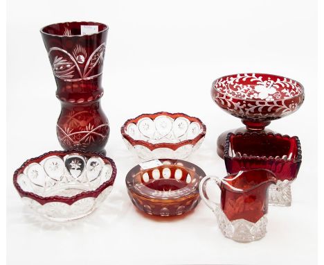 Ruby flash glass, including vase, dishes, jug, ashtray (7)