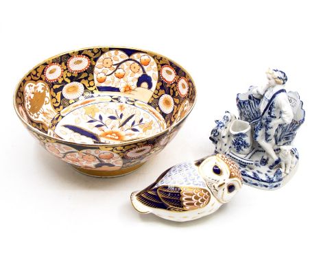 A Spode Imari 2375 bowl; Royal Crown Derby owl paperweight, stopper missing; a Continental figure spill vase (3)