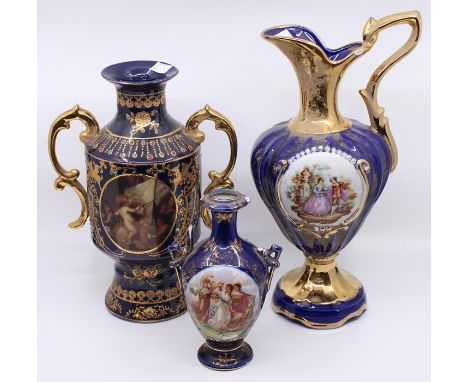 A continental twin handle vase, transfer printed, gilt and enamel decoration; a Ceramica Le Torri jug; a continental vase wit