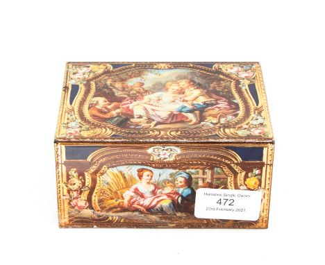 A biscuit tin, transfer printed with reproduction of French snuff box circa 1760