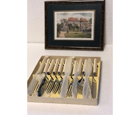 A cased set of fish knives and forks; and a print&nbsp;