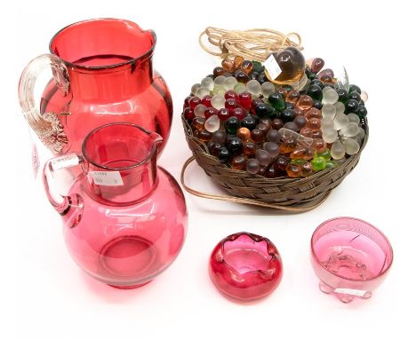 Cranberry glass jugs, bowls; and a basket of fruit lamp (5)