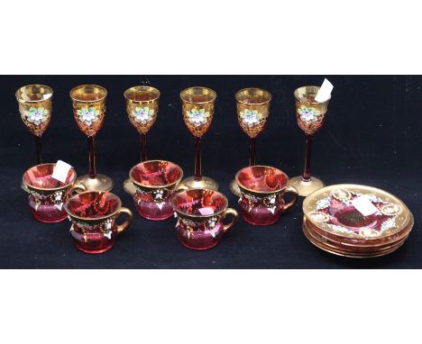 Continental ruby glass cups, saucers and glasses, gilt and jewelled decoration&nbsp;