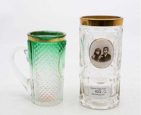 Two 19th century cut glass drinking glasses, one with etched measure line, graduated green glass, gilt rim; the other applied