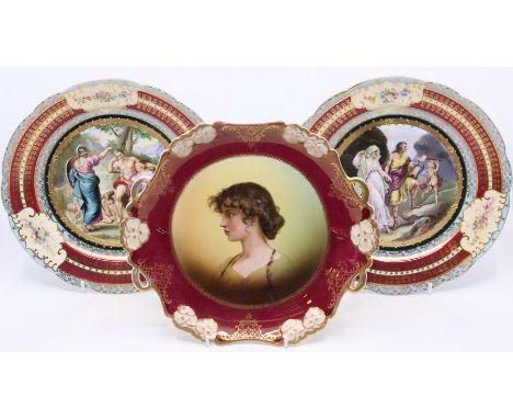 A pair of Vienna porcelain cabinet plates, transfer printed scenes, gilt detail, numbered 14/24 1672; and a Bavarian plate, t
