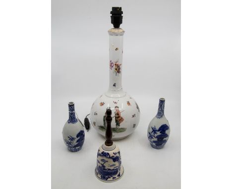 A pair of Chinese blue and white vases; and A 19th century continental bottle vase, transfer printed with figures and flowers