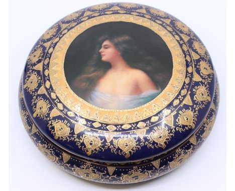 A large continental circular box and cover, the lid transfer printed with portrait of a lady, overall gilt decoration, approx