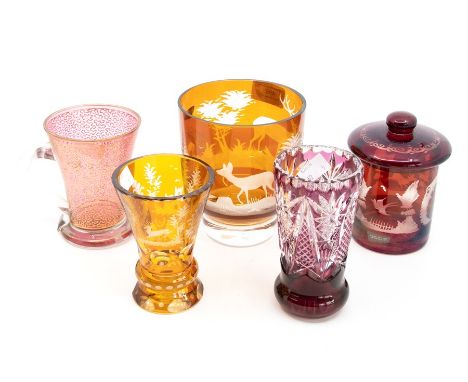Five amber and ruby flash glass vase, cup, glass, etc (5)