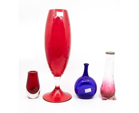 A Bristol blue bottle; ruby and cranberry glass