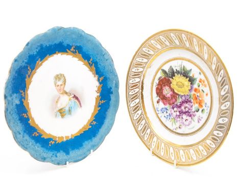 A Sevres porcelain plate, painted portrait to centre, titled to verso; and a 19th century floral painted gilt lined plate (2)