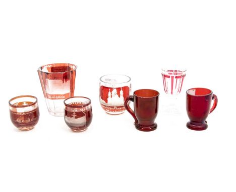 Seven pieces of ruby flash glass, including continental, etched etc (7)