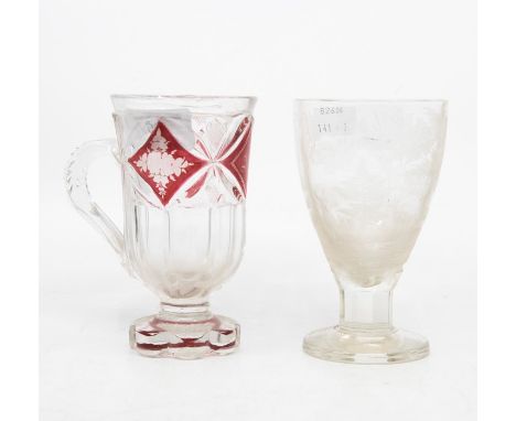 Two etched glasses, one with stags in woodland; the other with ruby flash