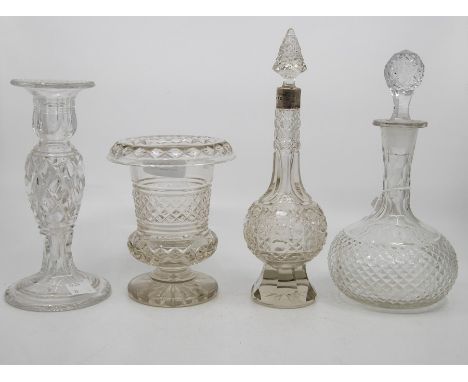 Two cut crystal decanters; vase and a candlestick (4)