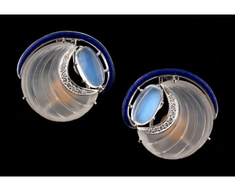A good pair of 18ct white gold carved rock crystal, moonstone, diamond &amp; enamel earrings, French import marks, each appro