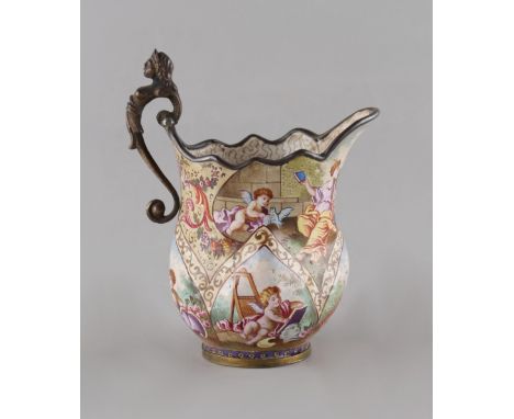 Property of a lady - a 19th century Viennese enamel cream jug, painted with cherubs &amp; other figures, 3.65ins. (9.3cms.) h