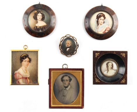 Property of a lady - a group of six 19th century portrait miniatures including a pair in tortoiseshell circular frames (one m