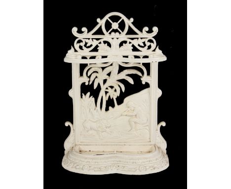 Property of a deceased estate - a Victorian white painted cast iron stick stand decorated with a lion hunting scene, 24.5ins.