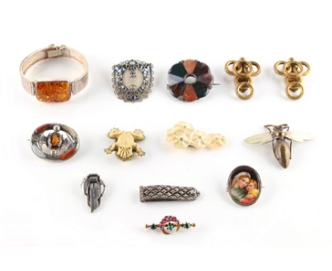 Property of a lady - a bag containing assorted costume jewellery including a Meissen painted porcelain oval brooch depicting 
