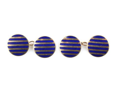 A pair of 9ct gold &amp; blue enamel striped cufflinks, approximately 5.8 grams together (2) (see illustration). 