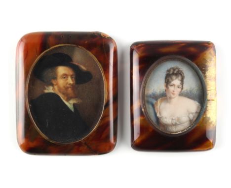 Property of a lady - two late 19th / early 20th century decorative portrait miniatures, in tortoiseshell rectangular frames w