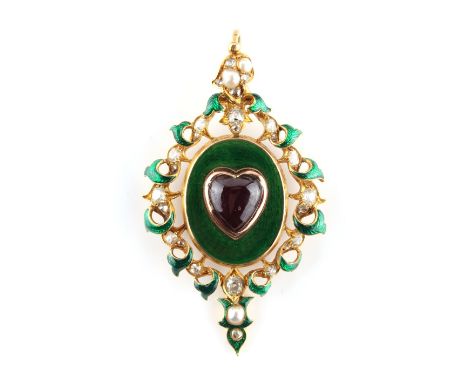 A good Victorian unmarked yellow gold garnet green enamel &amp; diamond pendant, circa 1870, set with a cabochon heart shaped
