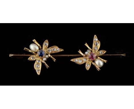 A late 19th / early 20th century 15ct yellow gold ruby sapphire pearl &amp; diamond twin fly brooch, 1.7ins. (4.3cms.) long, 