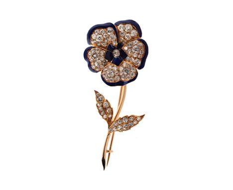 A good Victorian yellow gold diamond &amp; blue enamel floral brooch, circa 1850, pave set with Old European cut diamonds, th