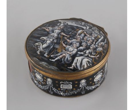 Property of a lady - a 19th century Limoges enamel circular box, small area of loss to side, 3.75ins. (9.5cms.) across (see i