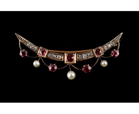Property of a lady - a late Victorian ruby pearl &amp; diamond crescent brooch, stamped RD.195316, the pearls untested, 1.85i