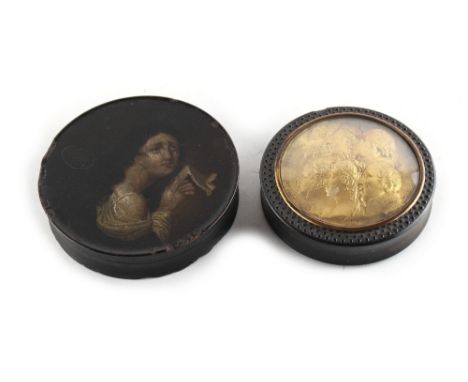 Property of a lady - a 19th century French tortoiseshell circular snuff box, the cover with inset gold coloured embossed pane