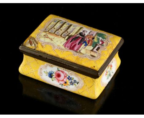 Property of a gentleman - a George III Staffordshire enamel snuff box, decorated with a lady &amp; gentleman with a dog in an