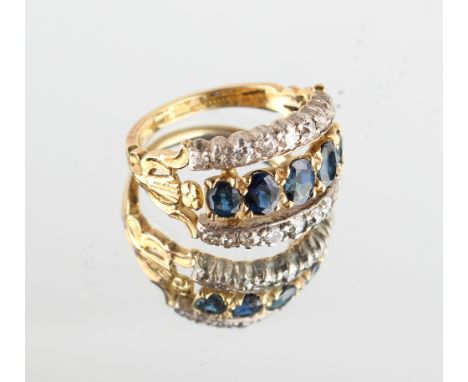 Property of a lady - an unusual Victorian unmarked yellow gold sapphire &amp; diamond three row ring, with pierced stylised f