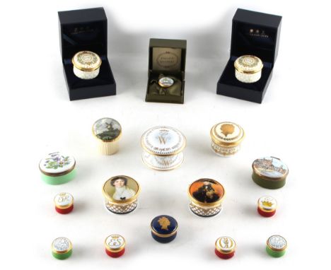 Property of a deceased estate - two boxed Halcyon Days 'Royal Cypher' enamel boxes; together with a quantity of other enamel 