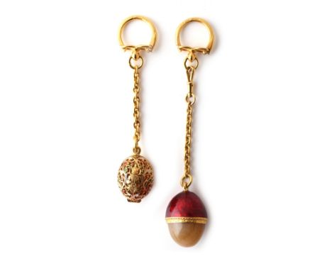 Property of a lady - a Thai high carat yellow gold (tests 21ct) enamel &amp; hardstone egg shaped fob keyring, approximately 