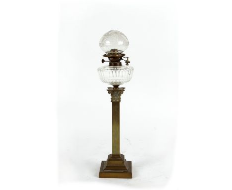 Property of a deceased estate - an Edwardian brass square Corinthian column paraffin oil lamp with Hinks burner &amp; associa