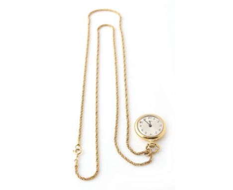 Property of a lady - an 18ct gold &amp; blue enamel fob watch, the dial marked 'HENN, on 9ct gold chain necklace, approximate