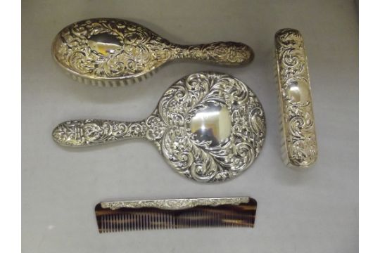 Four Piece Matched Silver Dressing Table Set Comprising Of Hand Mirror Hair Brush Clothes Brus Hand Mirror Hair Brush Clothes Brus, Dressing Table Set Mirror Brush