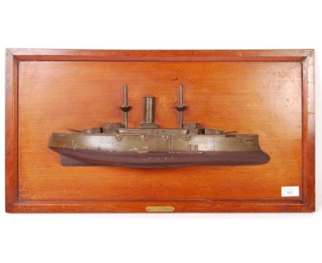 A rare antique WWI First World War period half block model of a French Floating Ironclad Battery ship ' Le Majestie '. Finely