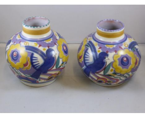 PR. POOLE SQUAT VASES WITH QB, COMICAL BIRD DECORATION, SHAPE 399, APPROX. 13 cm HIGH
