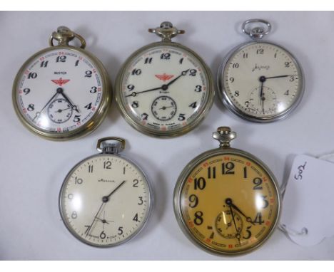 5 VARIOUS MOLNIJA USSR POCKET WATCHES INC. RARE VINTAGE 0.3602 CAL AND 2 RAILROAD